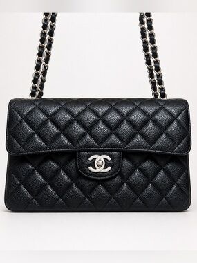 Chanel small quilted caviar double flap bag set black handbag leather silver